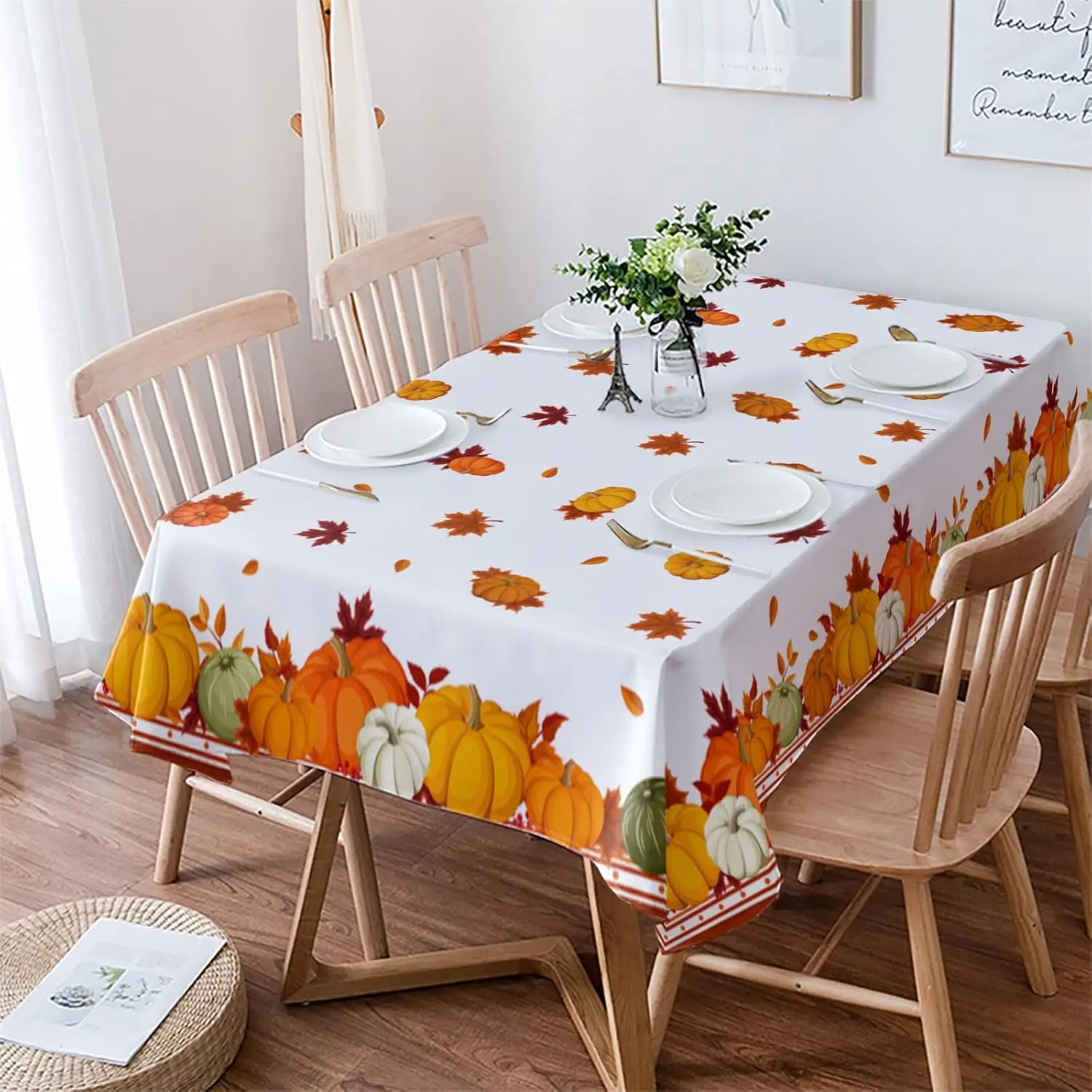 Fall Pumpkin Maple Leaves Waterproof Tablecloth Party Decor Autumn Harvest Kitchen Dining Tablecloth Thanksgiving Decorations