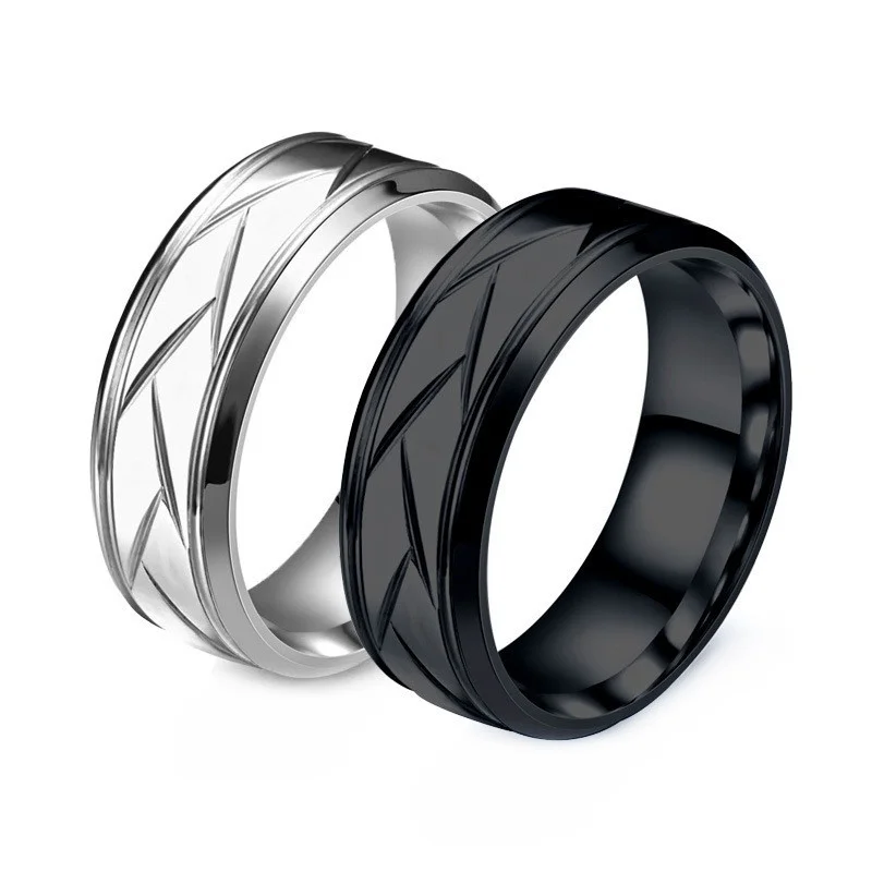 Silver Color Black Stainless Steel Multi-Faceted Ring Groove Fashion Ring for Men And Women Engagement And Anniversary Gifts