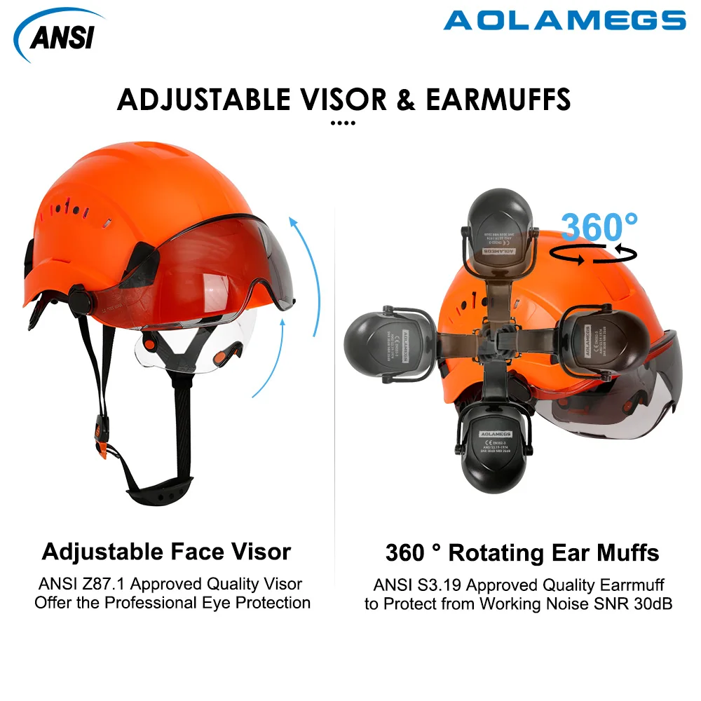 Safety Helmet With Visors Built In Goggles Earmuff Noise Reduction Stickers For Engineer ABS Hard Hat ANSI Industrial Work Cap