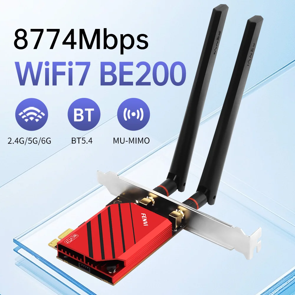 FENVI WiFi 7 carte PCIe FV-BE8800 BE200 8800Mbps Tri-bande 2.4G/5G/6GHz Bluetooth 5.4 adaptateur sans fil avec externe pour ordinateur de bureau