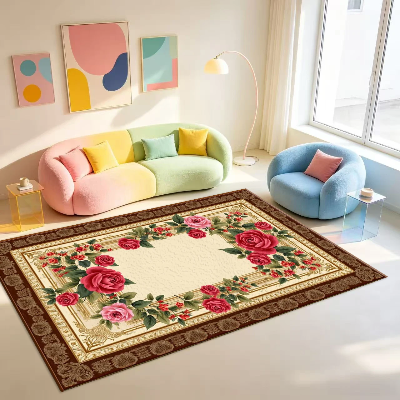 Vintage European Frame Red Rose Floral Art Carpet Flooring Classic Ornate Area Rug For Indoor Home Floor Ornament