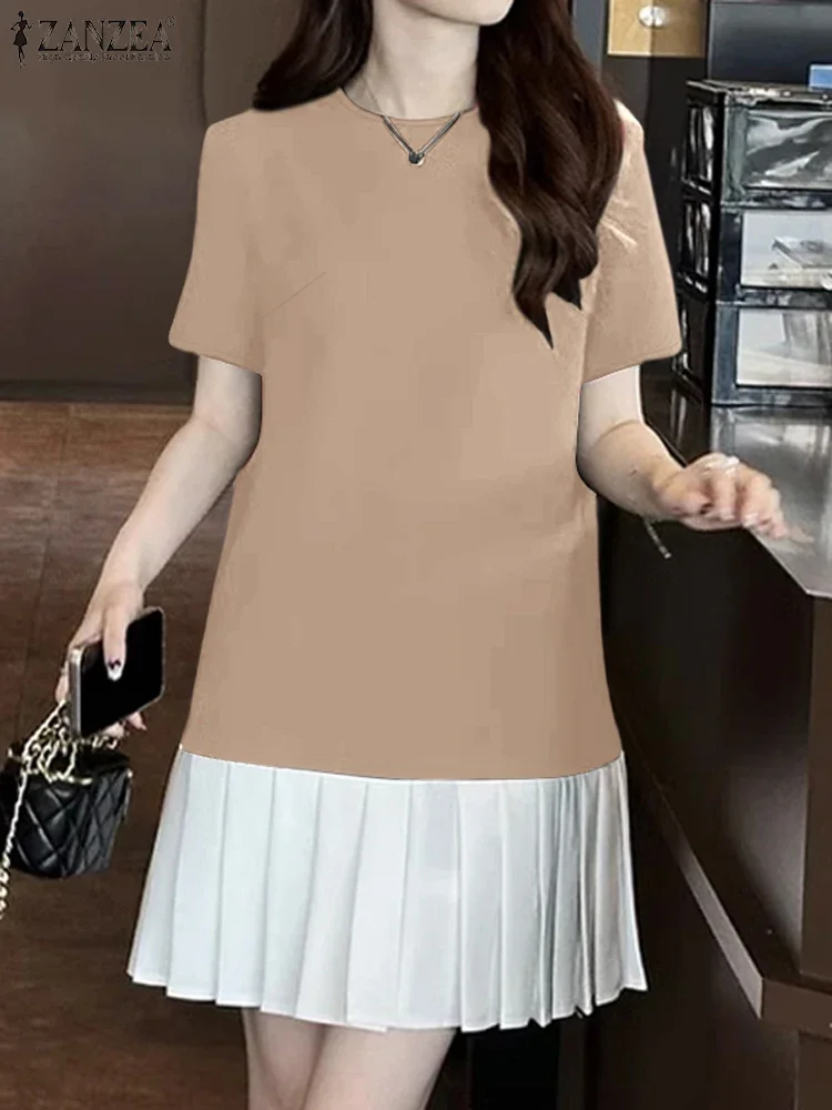 ZANZEA 2025 Elegante Gefaltete Kleid Sommer Frauen Kurzarm OL Arbeit Vestidos Stilvolle Patchwork Party Knie-länge Sommerkleid Robe