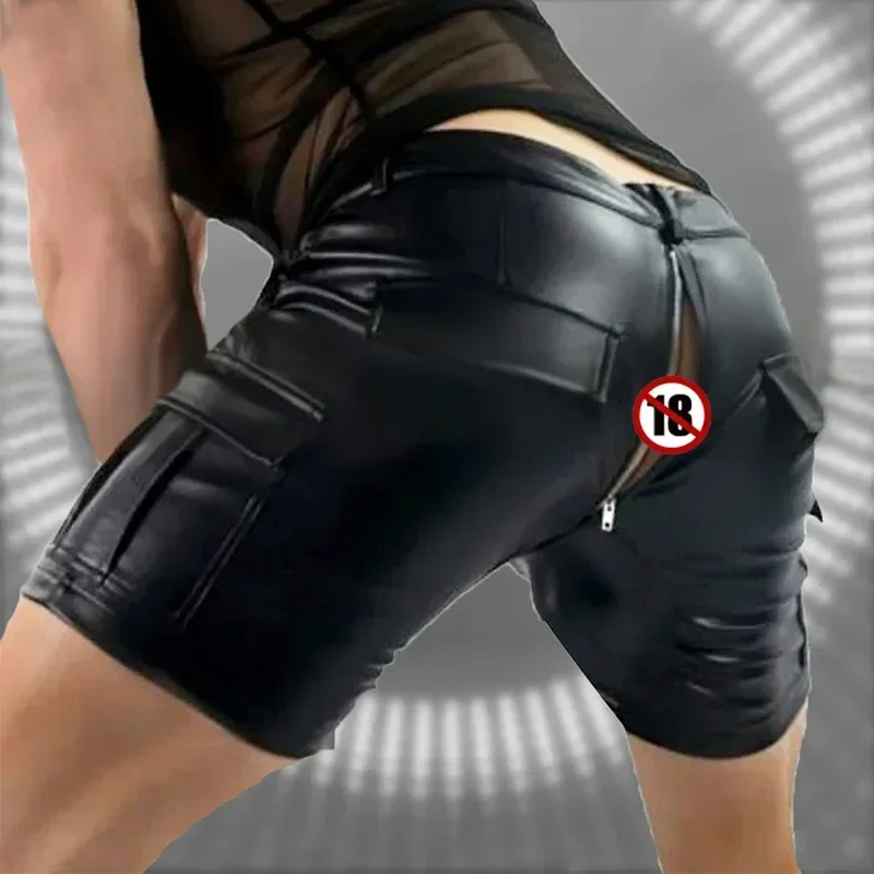 Exotic Open Crotch Black Matte Leather Shorts Men's Sexy PU Low Waist Zip Shorts with Pocket Nightclub Costume Custom Clubwear