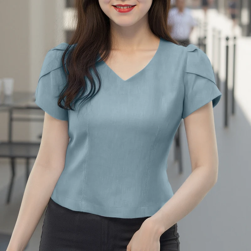 ZANZEA بلوزة صيفية قصيرة الأكمام منتفخة بلوزات نسائية موضة الربيع قمصان بلون واحد مثيرة على شكل حرف v بلوزات غير رسمية ملابس الشارع