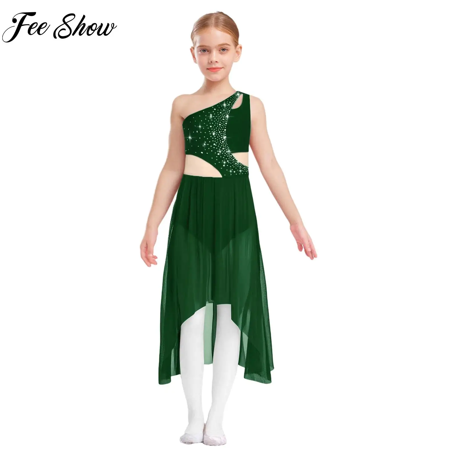 

2025 New Kids Girls Lyrical Dance Costume Shiny Rhinestones One Shoulder Sleeveless Cutout High-Low Flowy Mesh Dress Dancewear
