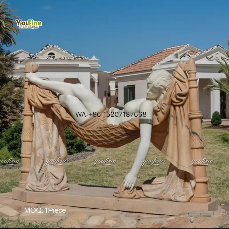 Wmwmnu Life Size Marble Hammock Statue Sleeping Woman Hand Carved Natural Stone Garden Decor Outdoor Sculpture for Patio