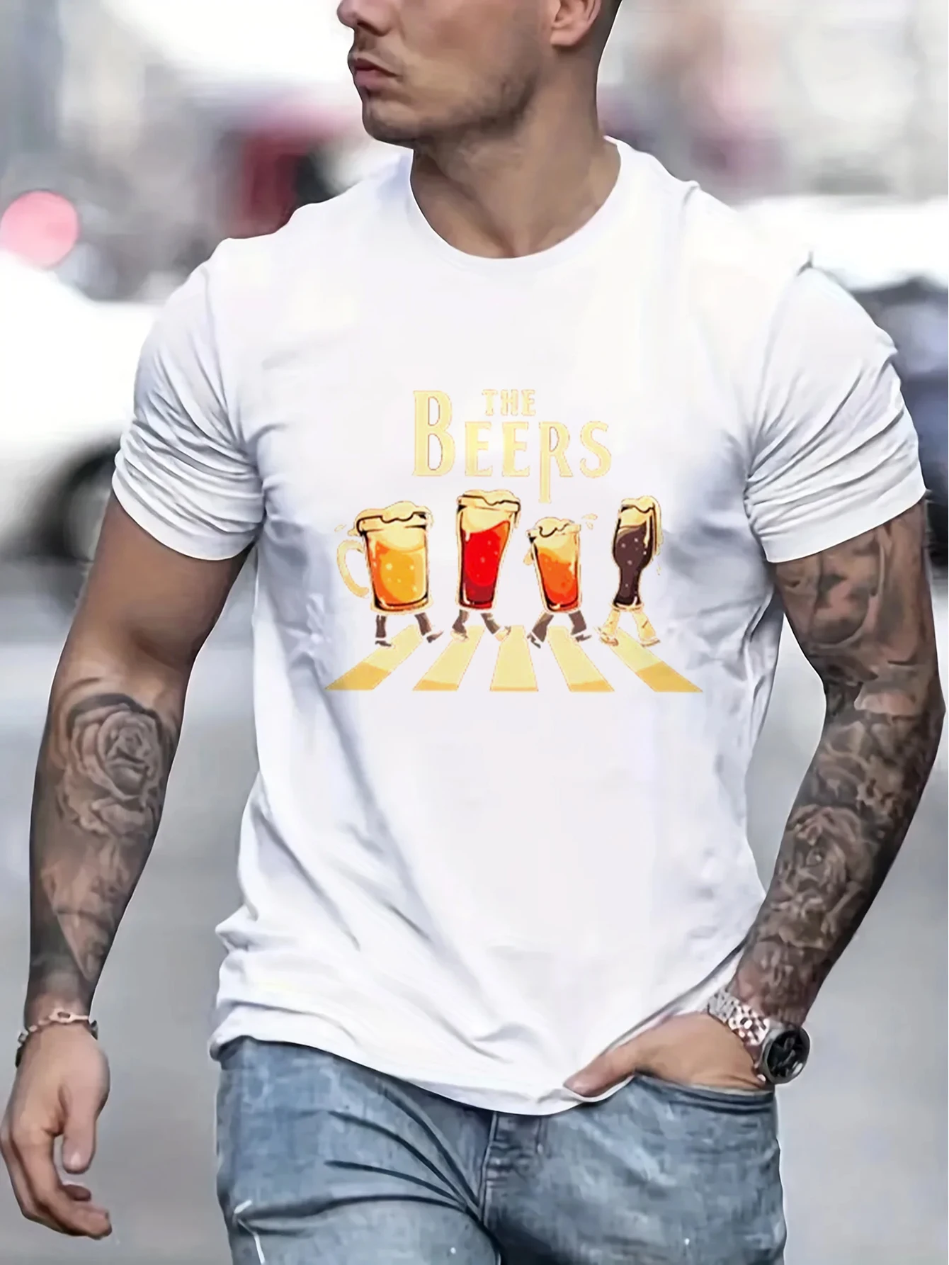 

Cartoon Beer Bottle Printed Oversized T-Shirt Men Fashion New T Shirt Round Neck Men Clothing Cotton Harajuku Design Tshirt