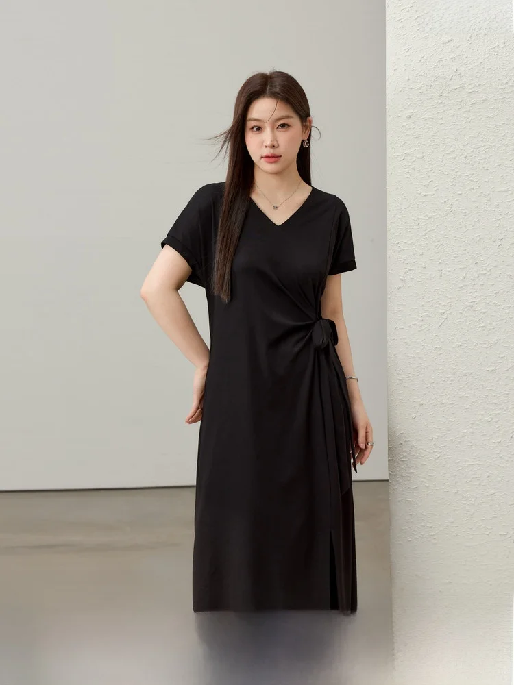 

Slimming Hebe Style V-neck Pleated Dress Large Size Women's Fashion Summer New Arrival A-line Midi Dress Belted Short Sleeve