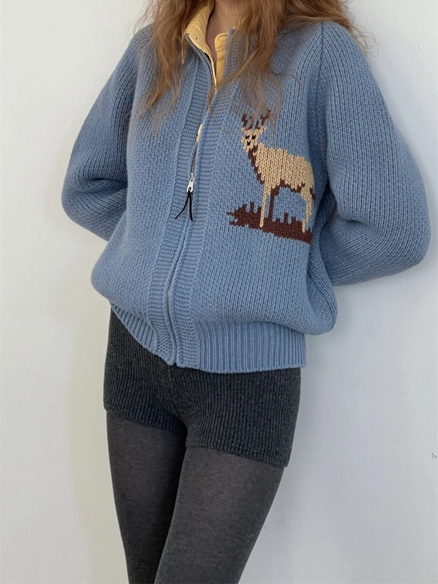 

PREON Thiened шерстяной свитер, пальто с круглым вырезом на молнии и принтом оленя, женская осенне-зимняя новинка, повседневная удобная трикотажная одежда