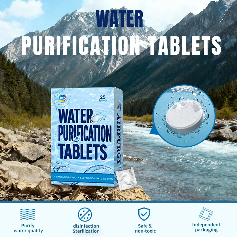 1 caja de tabletas de purificación de agua, 25 tabletas por caja empaquetadas individuales, adecuadas para purificar el limpieza del río con flujo de agua al aire libre
