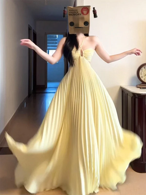 

Stunning Backless Hollow out Dress Women's Spring Autumn High Waist Pleated Sexy Folded Long Skirt French Style Casual Wear