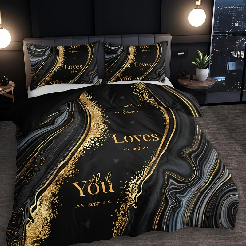 Couple Quicksand Texture Letter Duvet Cover Set 1 Duvet Cover With 2 Pillowcases High-Definition Print Bedding Set Room Decor