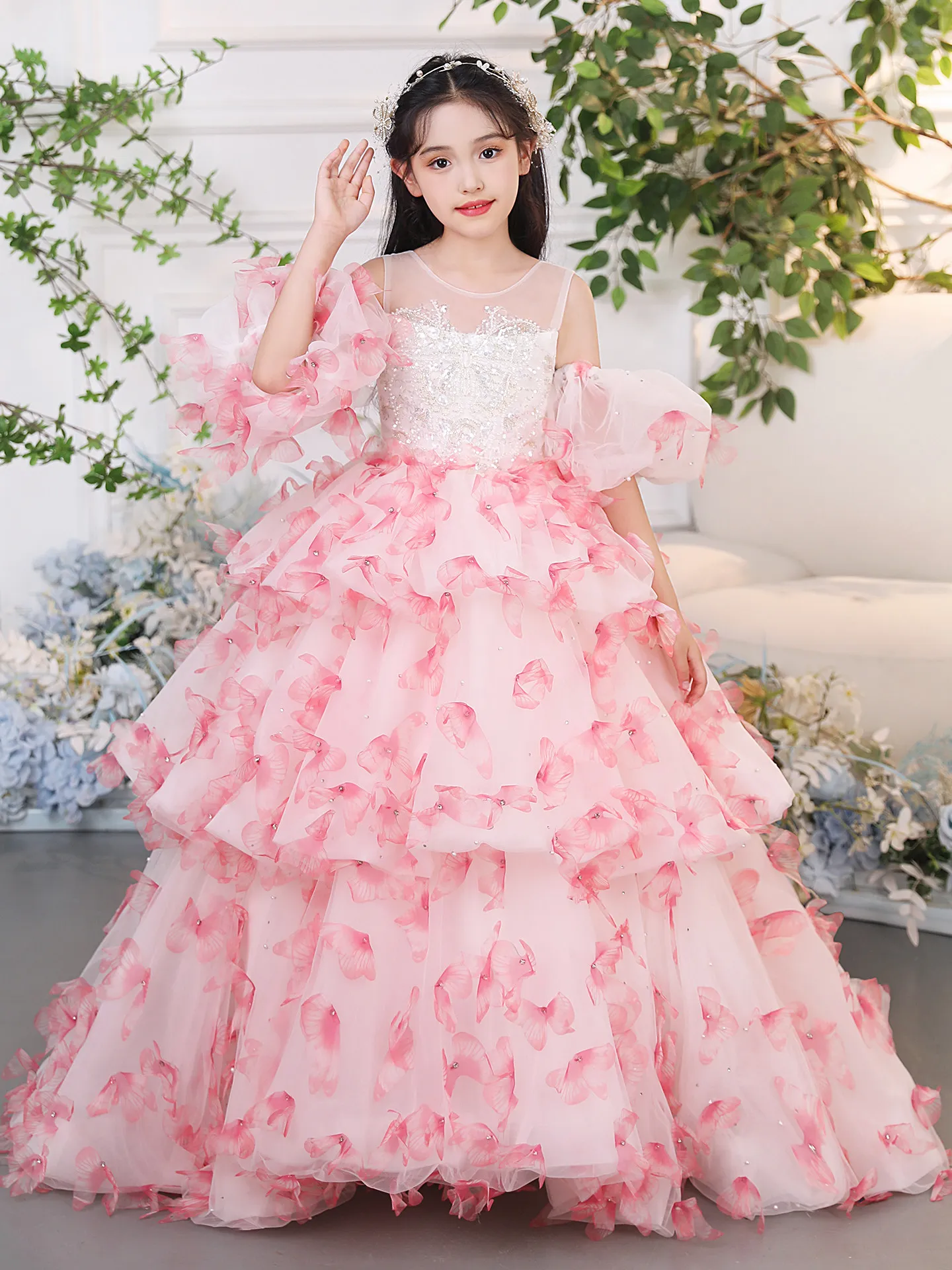 Custom Flower Girl Dress Wedding Gown Party Dress Sheer Neck Puff Sleeve 3D Butterfly Appliqué Sequin Tulle Ball Gown for Girls