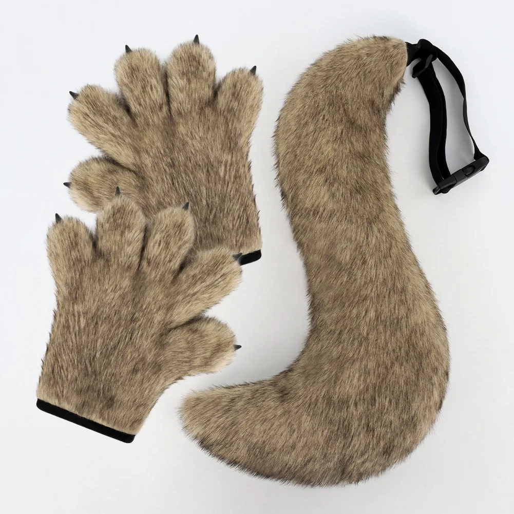 Halloween Wolf Gloves Tail Men Women Fashion Cosplay Costumes Props Plush Emulation Animal Tail Handmade Party Movie Toy Gift