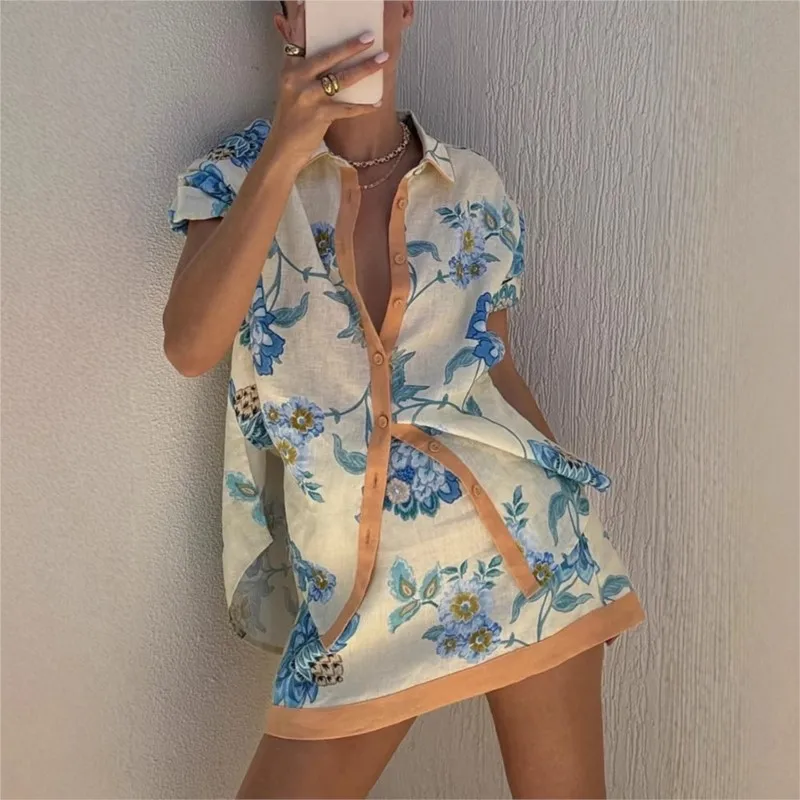 Summer Loose Print Women 2 Piece Set Outfit 2025 Vintage Short Sleeve Shirt With High Waist Mini Skirt Set Streetwear