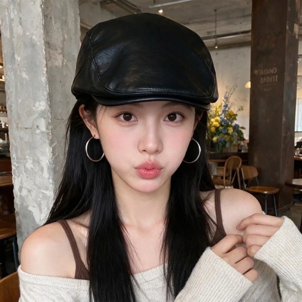 Vintage Solid Color PU Leather Berets Hat Harajuku Subculture Y2k Berets Hat Gothic Adjustable Painter Hat Women
