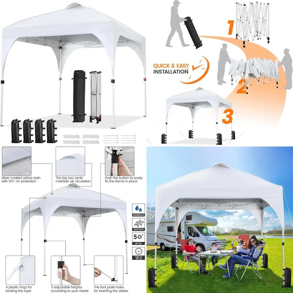 

8x8 Instant Pop Up Canopy Tent with Ventilation, Easy Setup, Wheeled Bag, Sandbags, and Stakes for Outdoor Sun Shelter