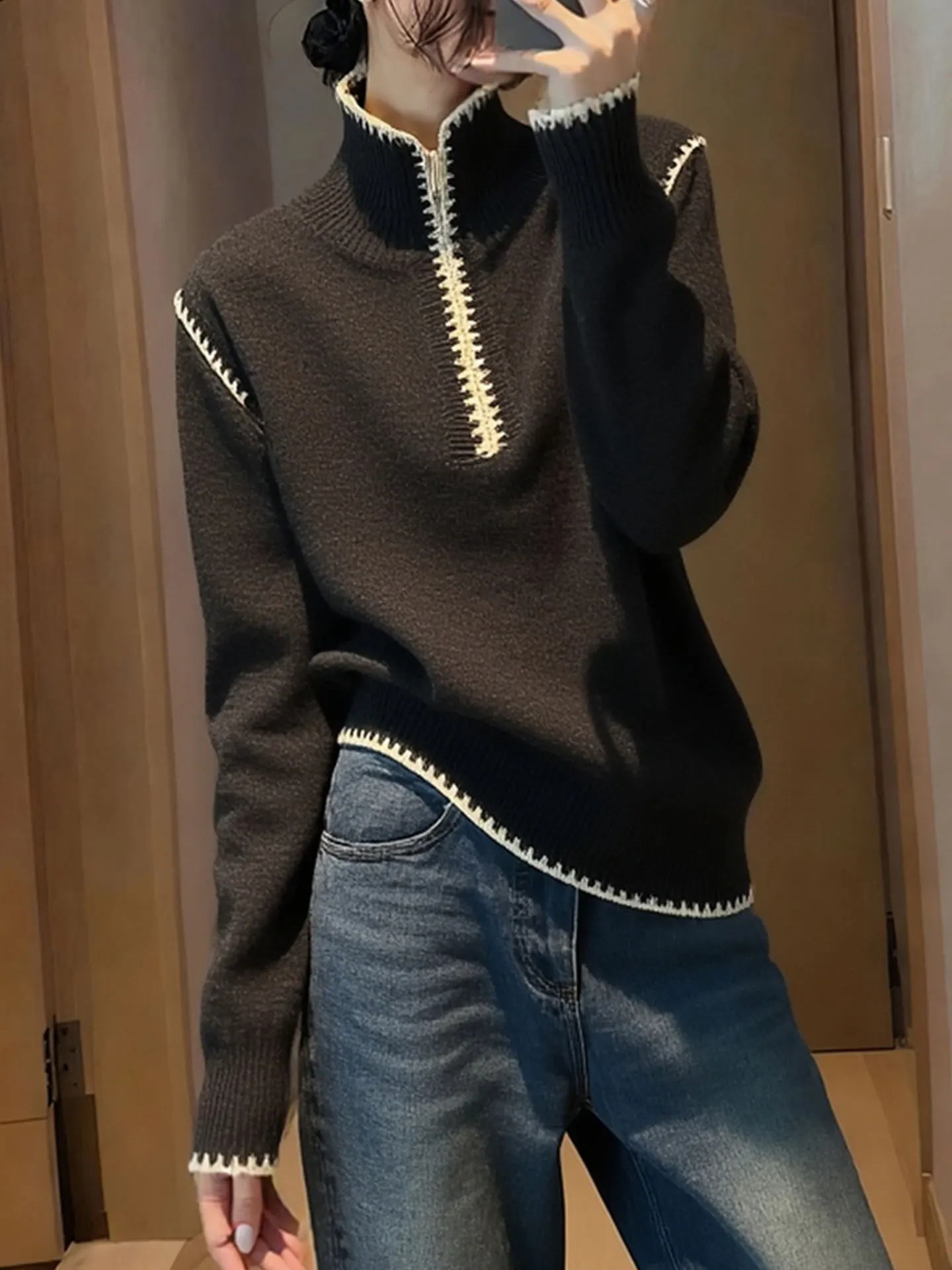 Koreański Design Sensation Color Blo f Zip Long Sve Camere Knitted Sweater Winter Comfortable Warm Women's Top