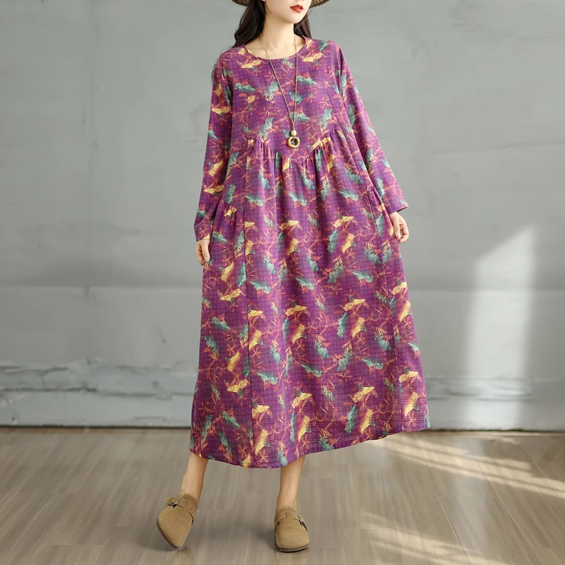 하이웨이스트 플로럴 프린트 코튼 린넨 롱 슬리브 라운드 넥 A라인 드레스 여성 루즈 플러스 사이즈 슬리밍 스플라이스 드레스 여성
