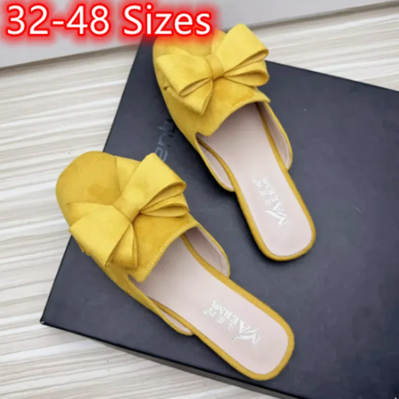 Women Spongy Sole Butterfly-Knot Flat Slides Mules Square Toe Wide Fitting Flock Cloth Summer Sweet Shoes In Purple Yellow 32-48