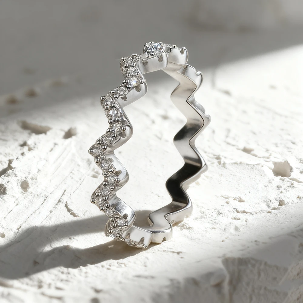 TEMGF Full 1.25mm Moissanite Ring With GRA 925 Sterling Silver Women's Simple Stacked Wave Tail Ring Party Commute Fashion Item