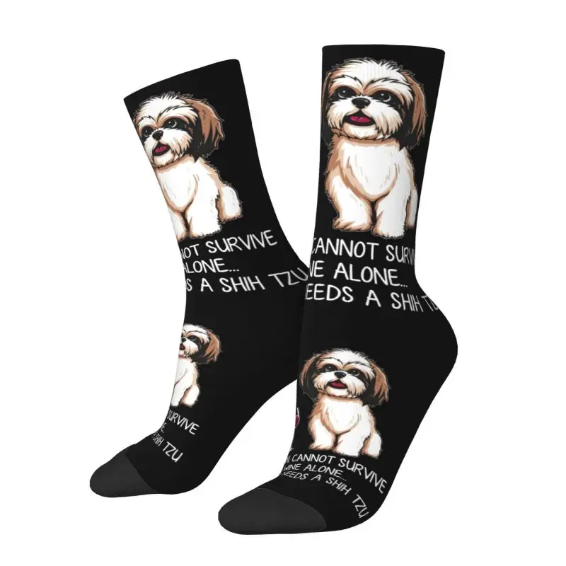 Novelty Men\'s Funny Shih Tzu Dog And Wine Dress Socks Unisex Warm Comfortable 3D Printed Cartoon Puppy Crew Socks