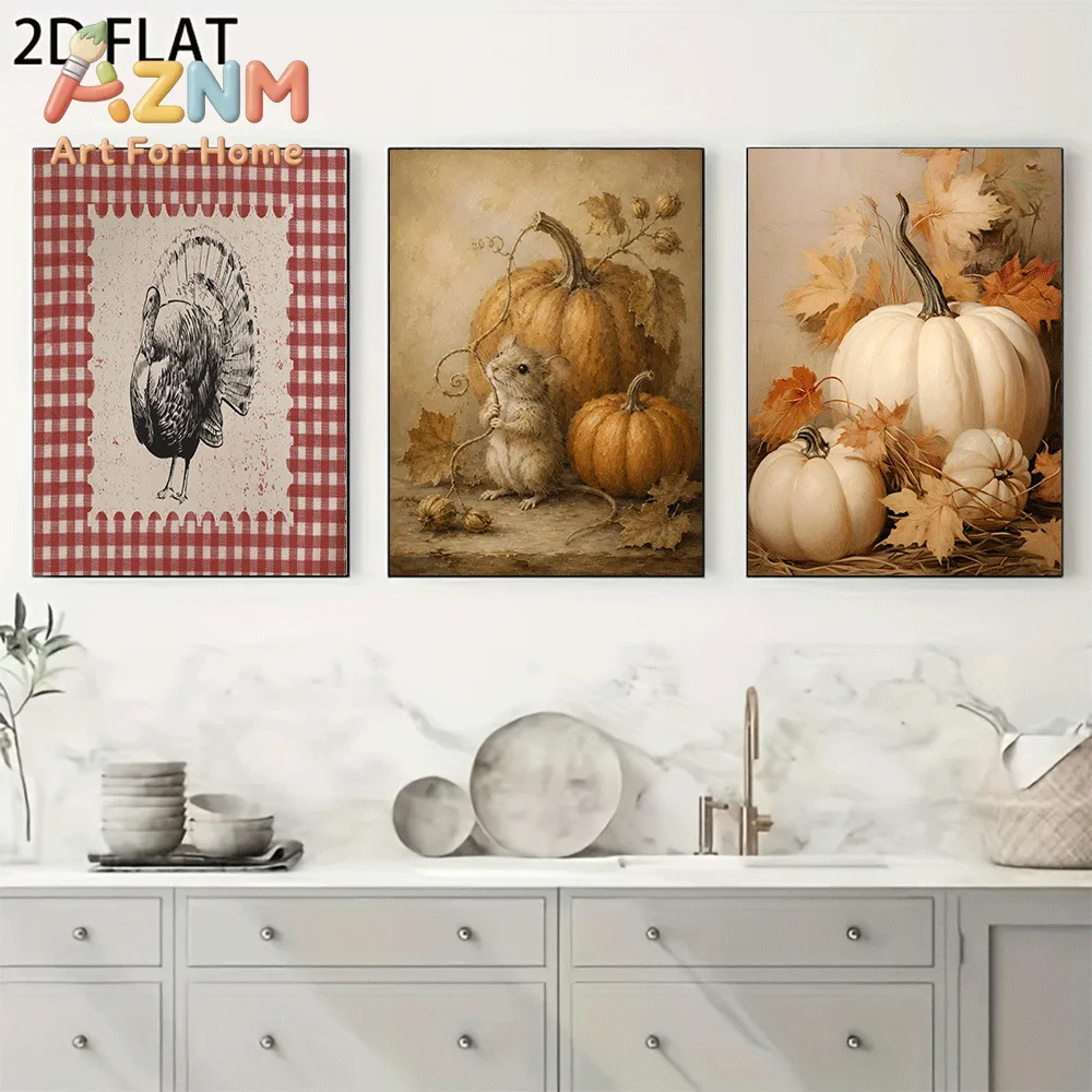 AZNM Frameless Canvas Wall Art, Vintage Thanksgiving Print, Turkey Sketch Cute Mouse Pumpkin Maple Leaf Art Poster for Fall Farm