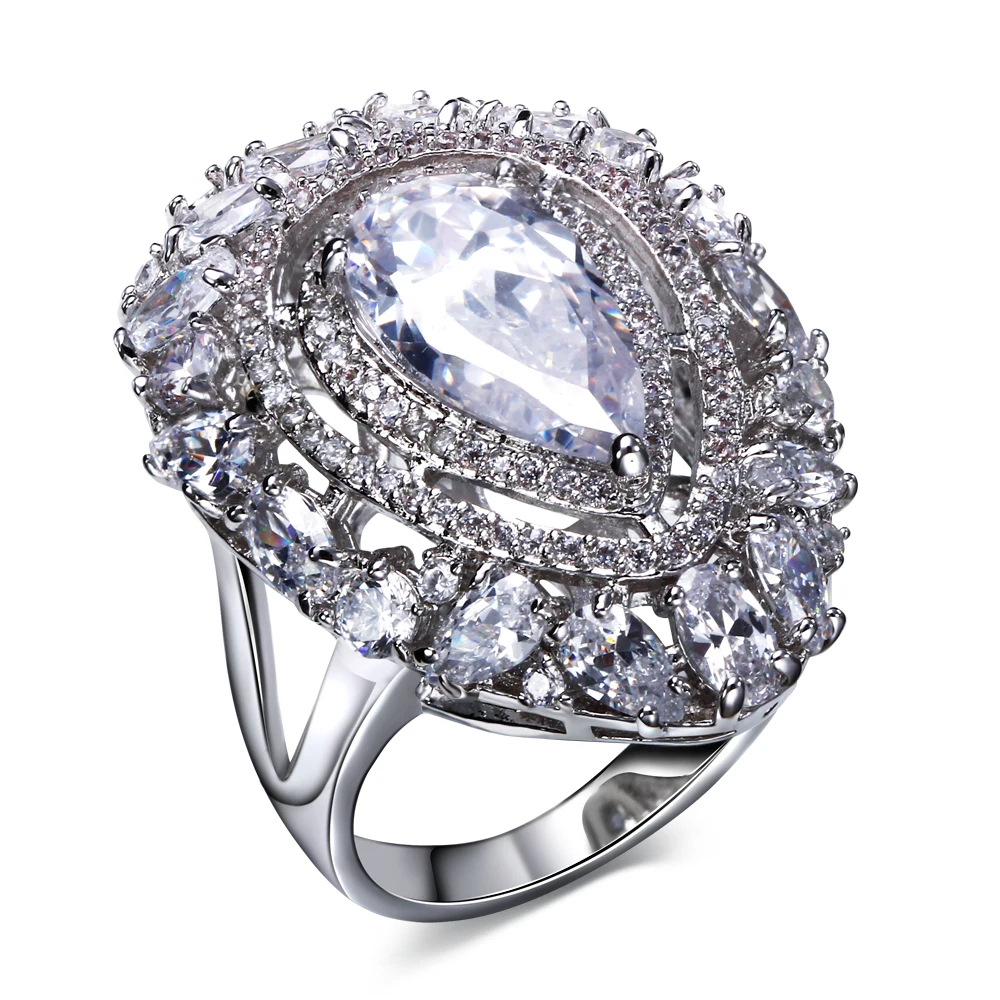 

Teardrop Cubic Zirconia Ring for Women – Gold-Plated Brass, Champagne/Green/White Stones, Elegant Statement Jewelry