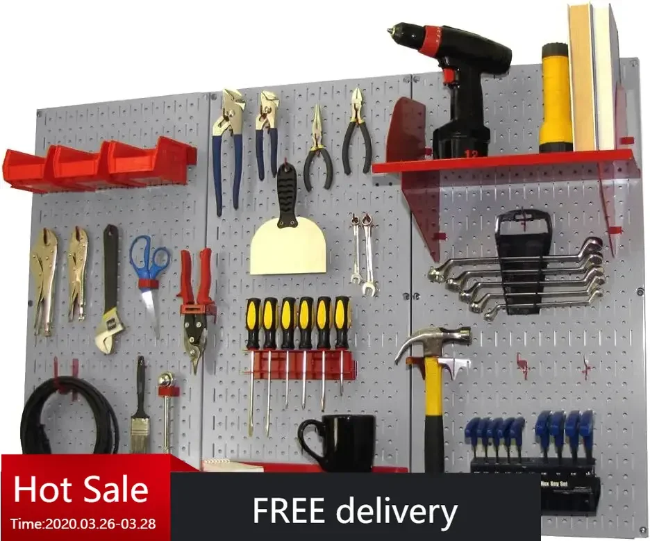 Pegboard Organizer Wall Control 4 ft. Metal Pegboard Standard Tool Storage Kit with Gray Toolboard and Red Accessories