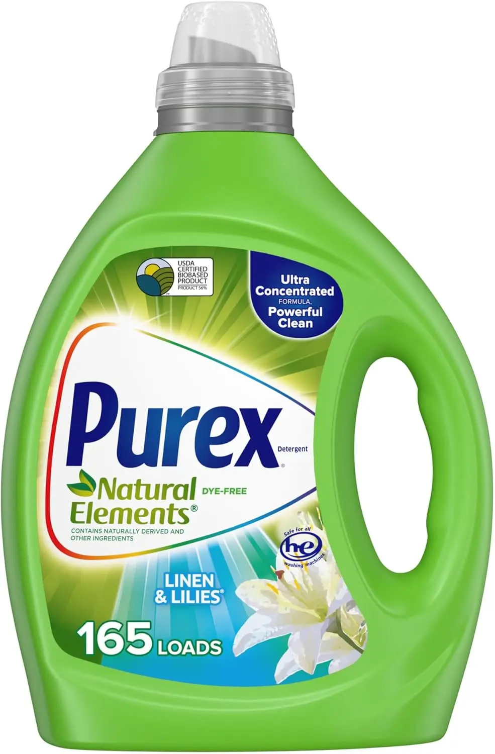 Natural Elements Fresh Lilies & Linen Liquid Detergent, 82.5 oz, 165 Loads, Ultra-Concentrated, Dye-Free, USDA Certified Biobase