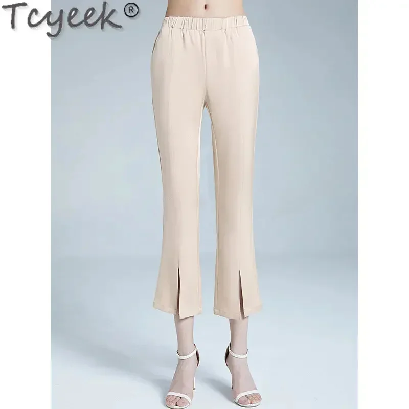 

Tcyeek 95% Mulberry Silk Flare Ladies Summer New Trousers Woman Clothing Elegant Middle-waisted Thin Pants Pantalon Mujer