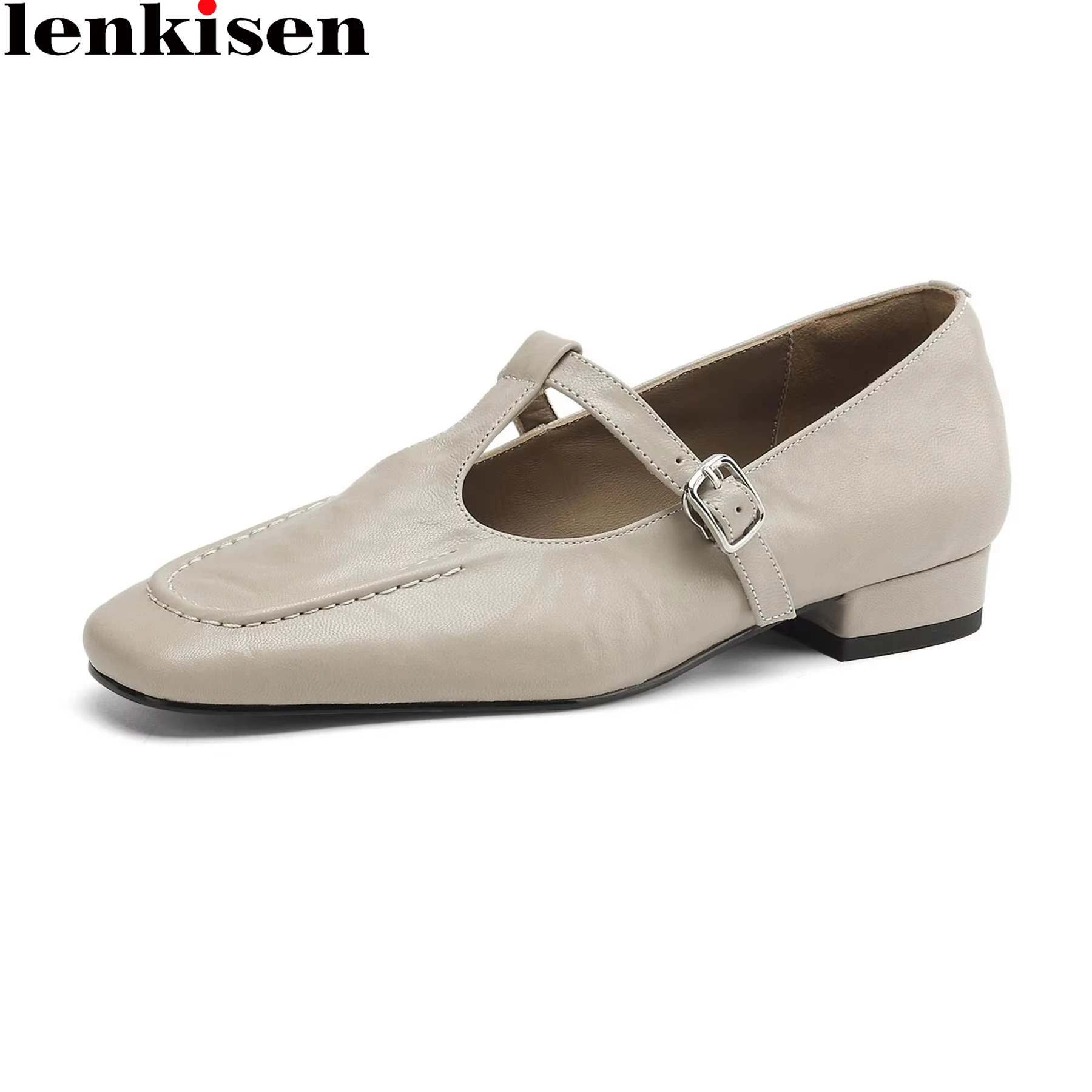 

Lenkisen Sheep Leather Square Toe Low Heels T-strap Summer Mary Janes Chic Concise Elegant Luxury Office Lady Brand Women Pumps