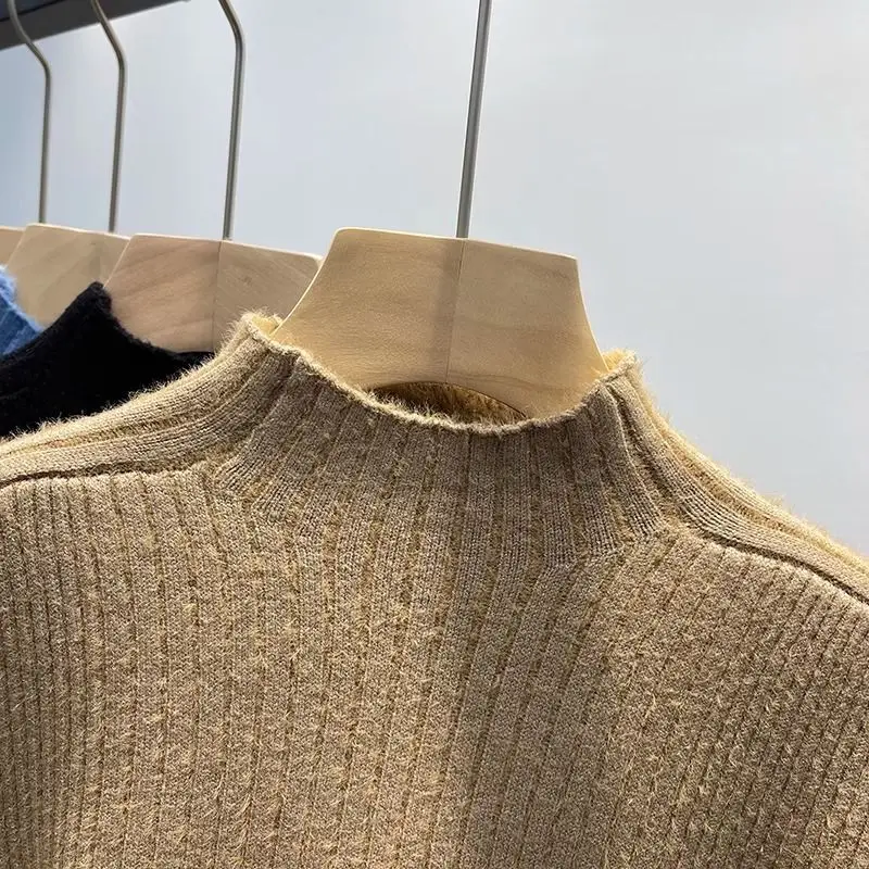 Plush Velvet Sweater Women Solid Half High Collar Knitted Pullover Soft Autumn Winter Knitwear Top All-Match Christmas Sweater