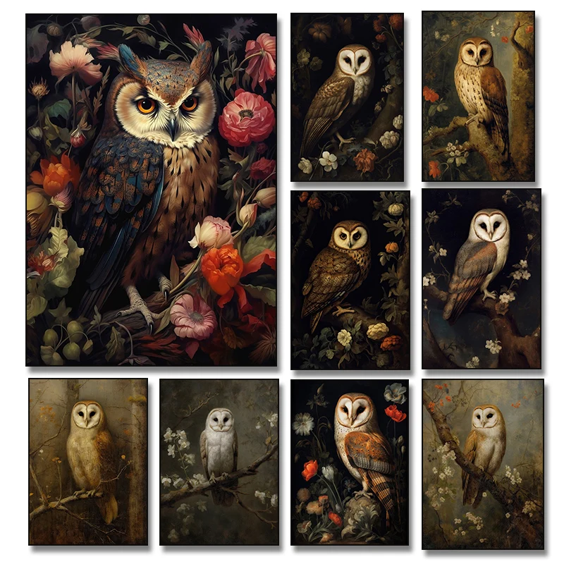 Owl on The Branch Flower Poster Dark Academia Wall Art Vintage Canvas Painting Antique Gothic for Living Room Home Decor