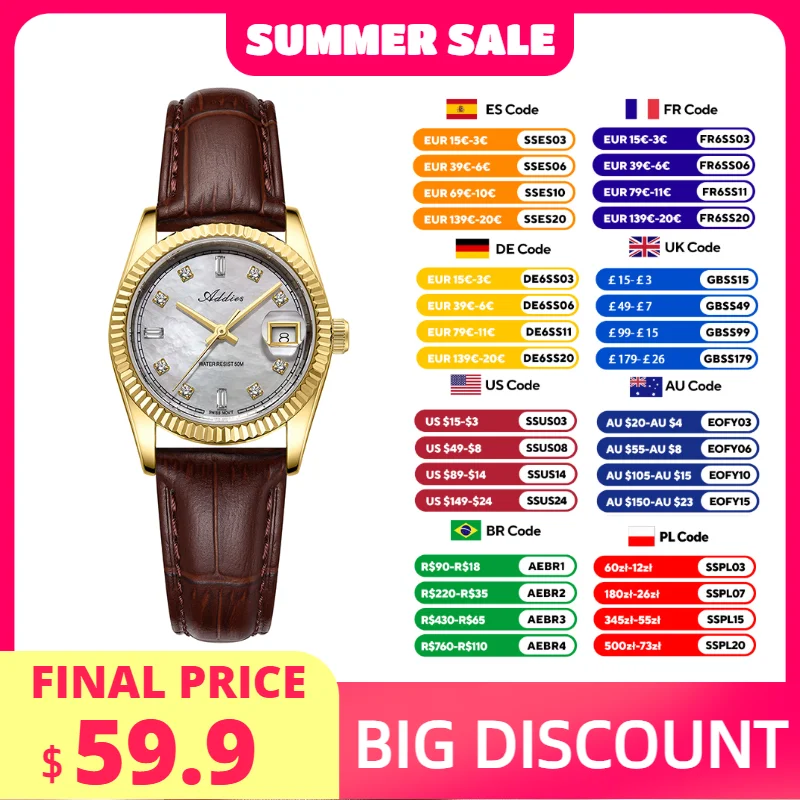 

ADDIES Elegant Luxury Woman Quartz Watches 28mm Leather Sapphire Glass 5Bar Waterproof Business Ladies Wristwatches AW25905 New