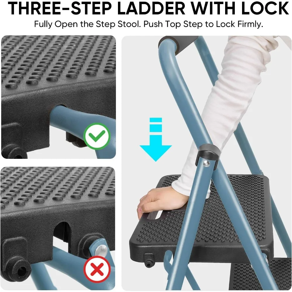 3 Step Ladder, Heavy Duty Foldable Step Stool, Portable Steel Folding Stool for Household Garage Storage (Blue)