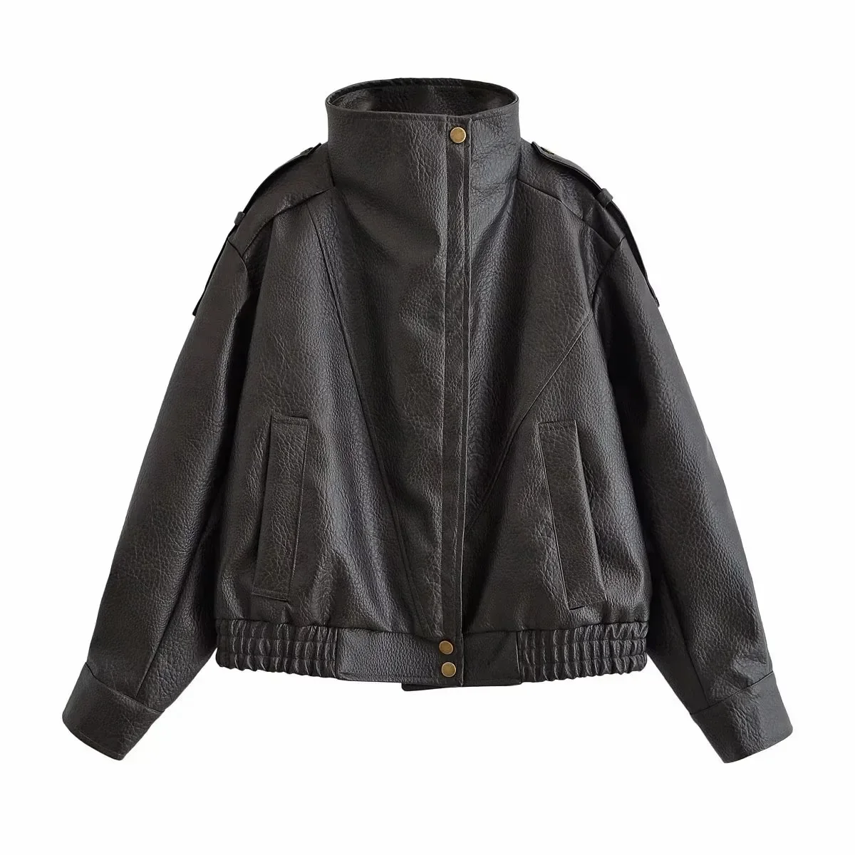 Suninheart Women's Black Faux Leather Jacket  Loose Fit PU Leather Short Jacket with Pockets Autumn Outerwear