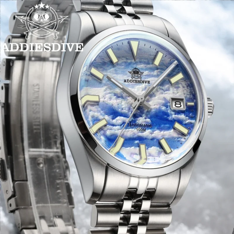 

ADDIESDIVE 39mm Watch For Men Bubble Mirror Glass Sea Of Clouds 3D Dial Blue Luminous Waterproof Automatic Watches Reloj Hombre