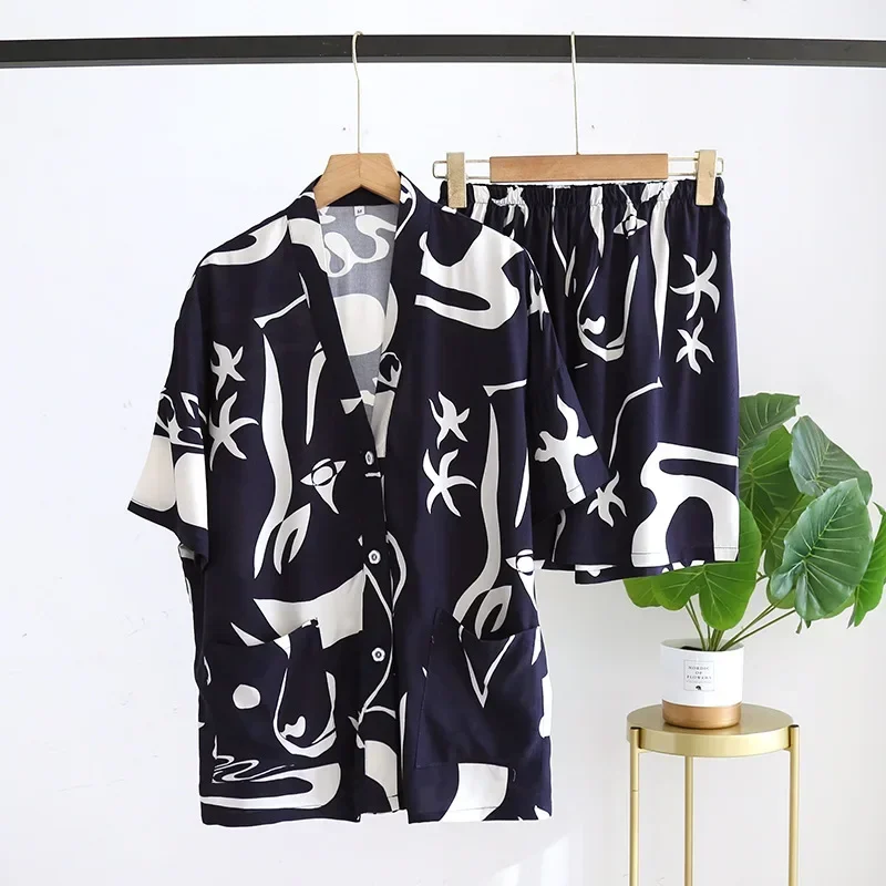 Summer Ice Silk V-neck Pajamas Women Thin Rayon Home Clothes Viscose Print Short Sleeve Shorts Pijamas 2 Piece Set Sleepwear