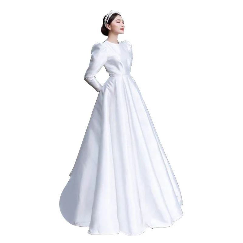 Elegantes O-Ausschnitt Langarm Brautkleid klassischer Reiß verschluss bodenlangen Vestido de Noiva Luxus kleinen Zug Satin Robe de Mariee