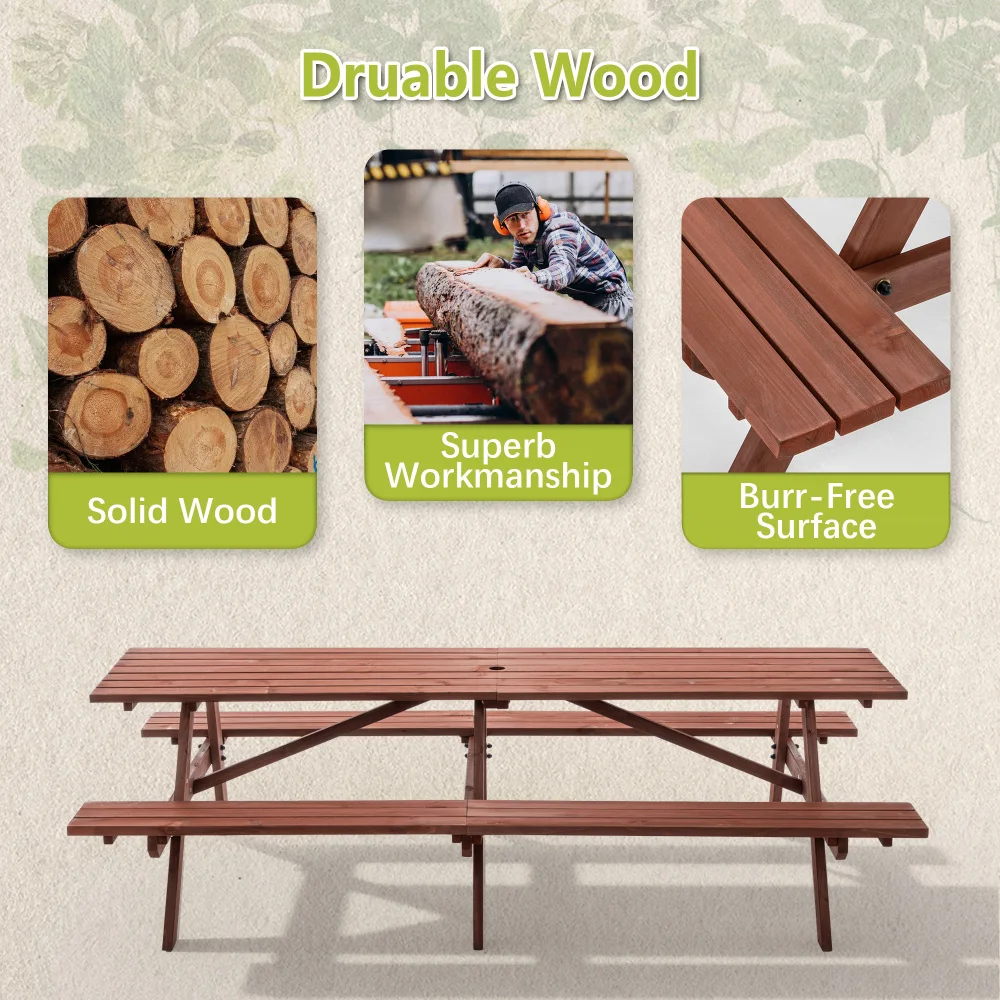 Conjunto de Mesa de Piquenique Extragrande de 95 Polegadas para Exterior: 12 Pessoas, Bancos, Furo para Guarda-chuva, Marrom Rústico
