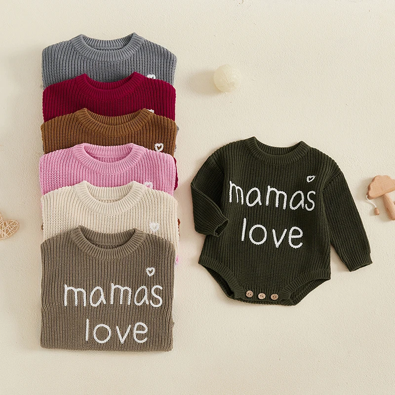 Newborn Baby Knitted Sweater Romper Long Sleeve Round Neck Heart Letter Embroidery Crotch Button Bodysuit Infant Outfit