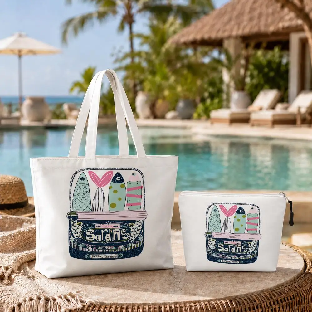 Popular Animal Retro Sardine Storage Bags 2-Piece Set Double-Sided Print with Zipper Canvas Eco Tote Bag for Beach Travel Picnic