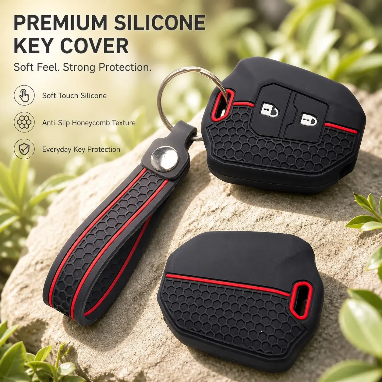 Silicone Car Key Fob Cover with Keychain for Durable Honeycomb Color Stripe Key Fob Cover 2 Button Durable Car Key Accessory