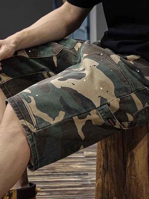 High-End Camouflage Workwear Jeans Shorts Men's Summer Loose Straight Casual Five-Point Pants Youth Fashion mid Waist Zipper
