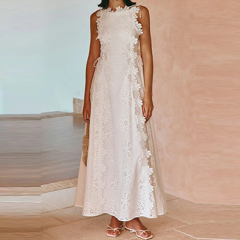 

Summer Lace Edge Embroidery White Evening Dress Fashion Sleeveless Bandage High Waist Dress Casual Hollow Out Floral Party Dress