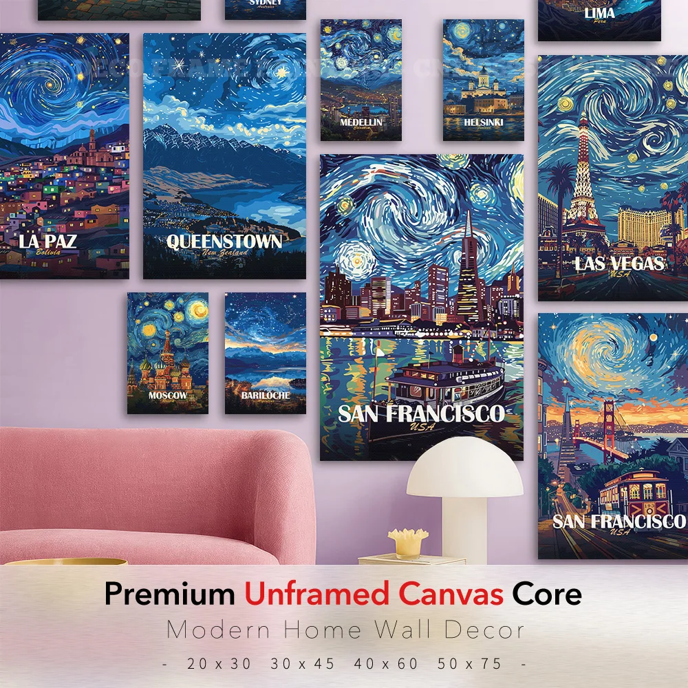 Starry Sky City Poster Canvas World Travel Wall Art Painting San Francisco Las Vegas Moscow Print Home Decor Bedroom Gift