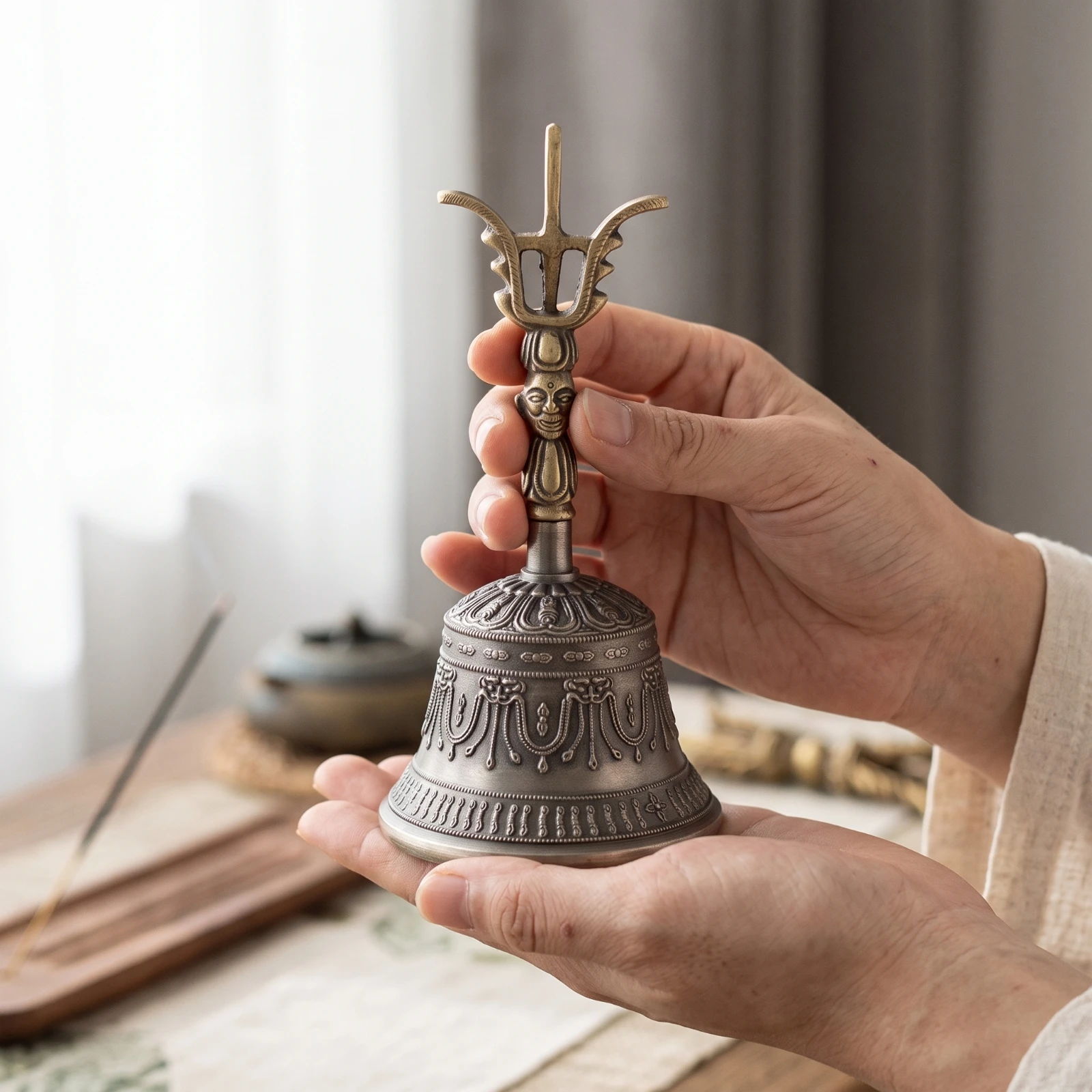 Bronze Ritual Bell Handmade Hand Bell with Striker Decorative Long-Lasting for Buddhists, Altar, Meditation
