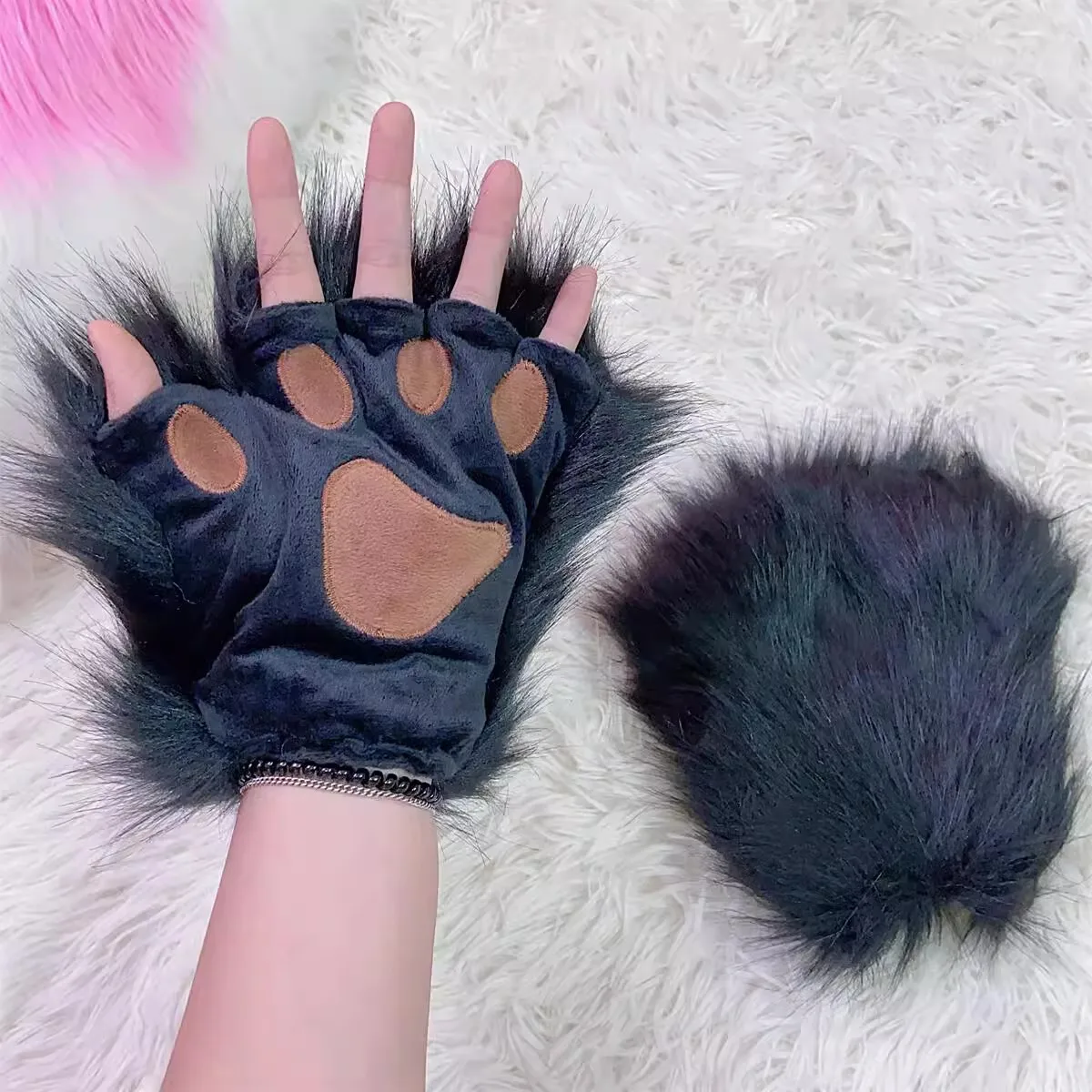 1Pair Handmade Cute Y2K Spicy Girl Cat Paw Gloves Furry Lolita Japanese Style Autumn Winter Warm Women's Fingerless Gloves