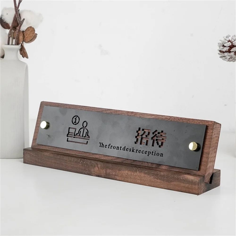 Walnut Nordic Lobby Front Cashier Card Senior Hotel Service Center Desk Sign Wood Reception Board Stand Holder Custom Letter